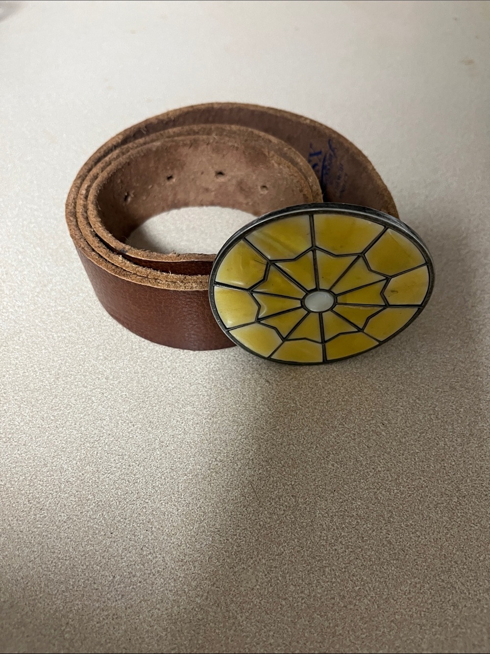Lucky Brand Brown Leather Belt with Yellow Mosaic Buckle